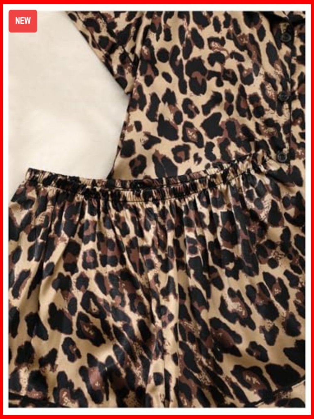 2 Piece Satin Pajama Set Leopard Short Sleeve Button Down Pj Shorts Set - Picture 5 of 5